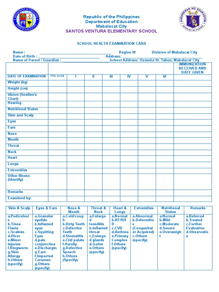 Elementary Health Card PDF Medical Specialties Diseases And Disorders