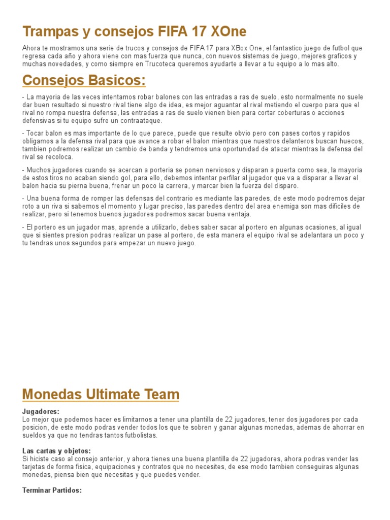 variable Consulta Peregrinación Trucos FIFA 17 Xbox One | PDF | Defensor (Asociación de Fútbol) |  Asociación de Futbol