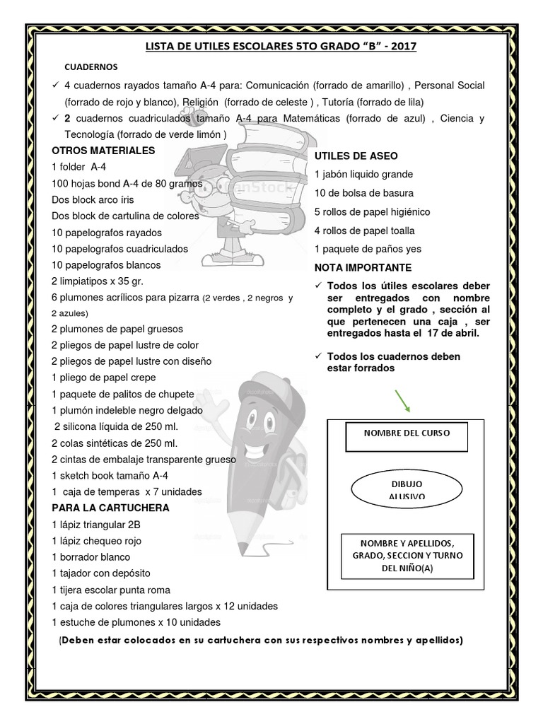 Lista de Utiles Escolares 5to Grado PDF Materiales artisticos