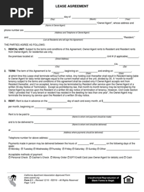 CALIFORNIA LEASE AGREEMENT
