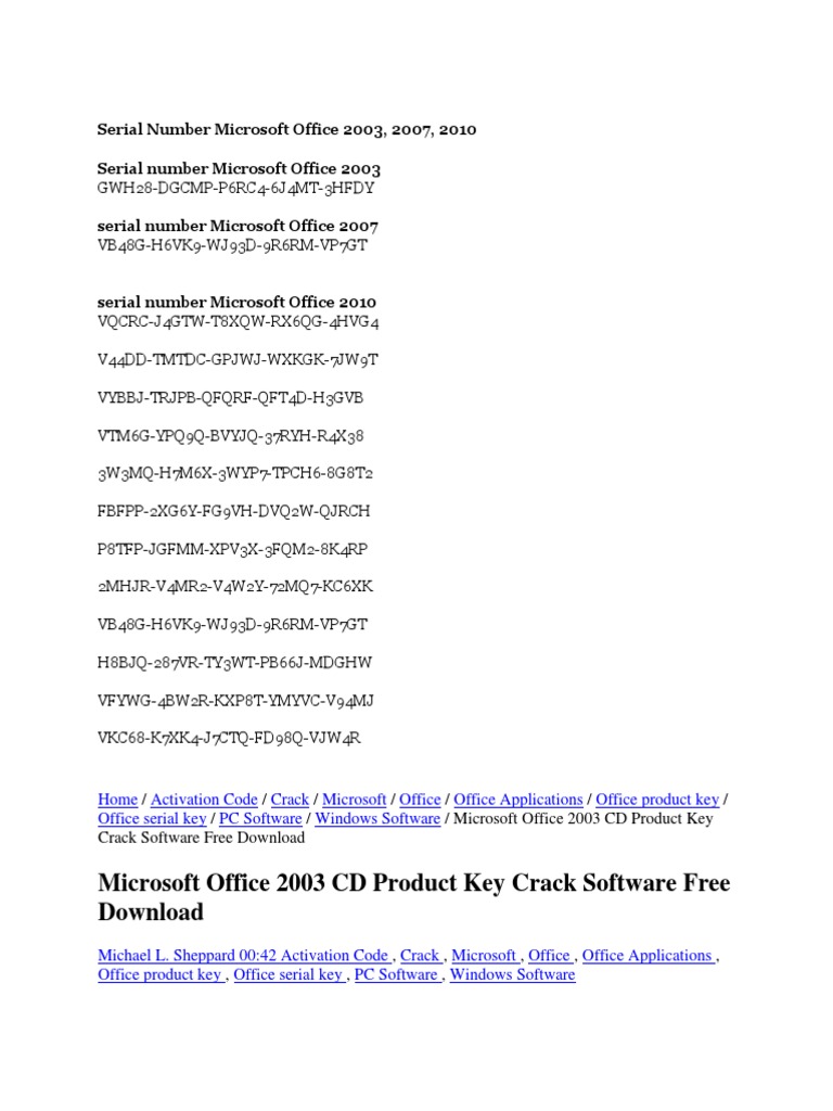 Serial Number Microsoft Office 03 Microsoft Office Microsoft Windows