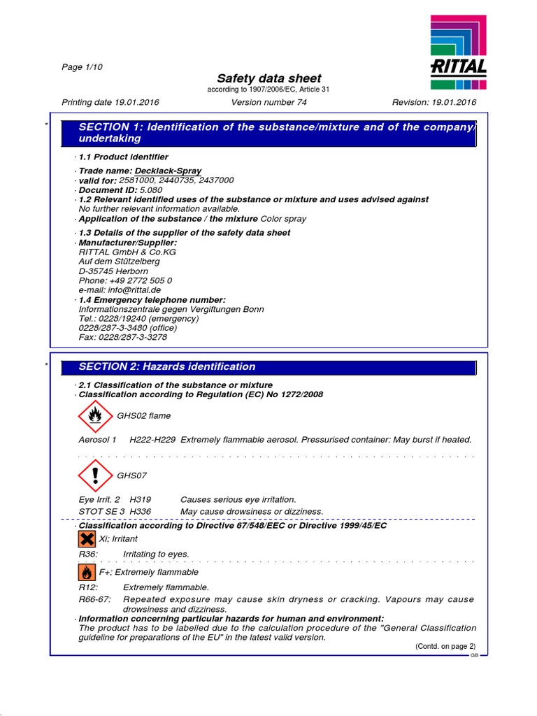 Decklack-Spray Safety Data Sheet | PDF | Dangerous Goods | Toxicity