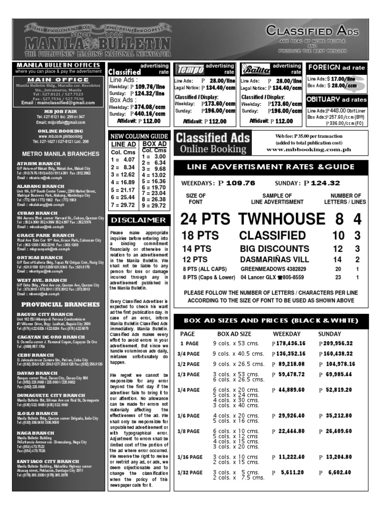 Manila Bulletin Classified Ad Rates | PDF | Business