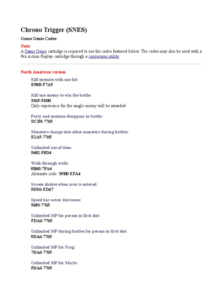 Chrono Trigger Snes Cheats Game Genie