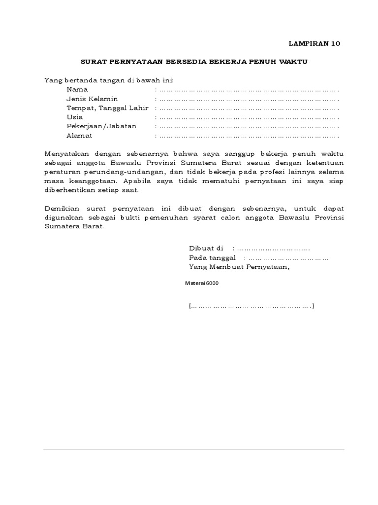 1 8 Surat Pernyataan Bersedia Bekerja Penuh Waktu Pdf
