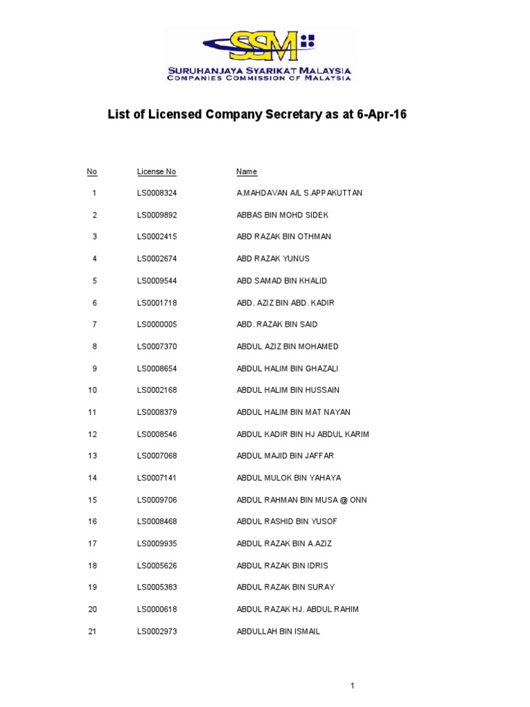 List of Licensed Secretary Malaysia Singapore World