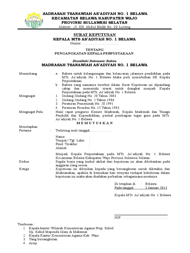 SK Pengangkatan Kepala Perpustakaan MTs | PDF
