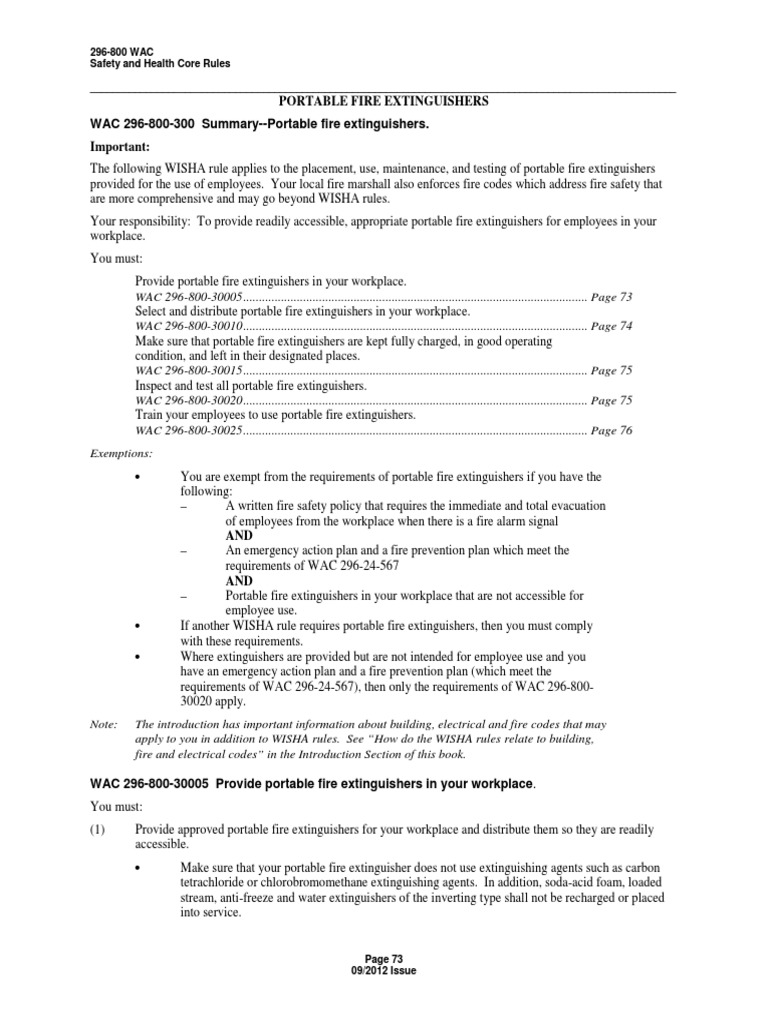 Portable Fire Extinguishers WAC 296800300 Summary Portable Fire