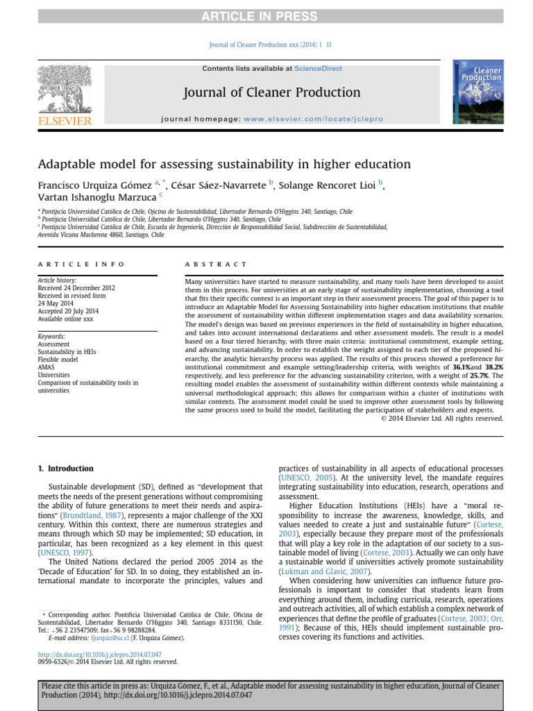 Adaptable Model For Assessing Sustainability in Higher Education | PDF ...
