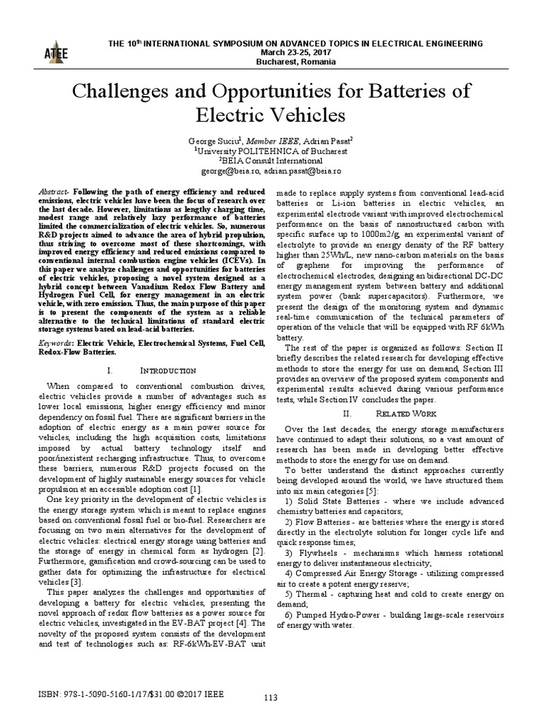 Challenges and Opportunities For Batteries of Electric Vehicles | PDF ...