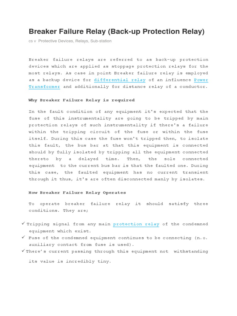 Breaker Failure Relay (BackUp Protection Relay) Differential Relay