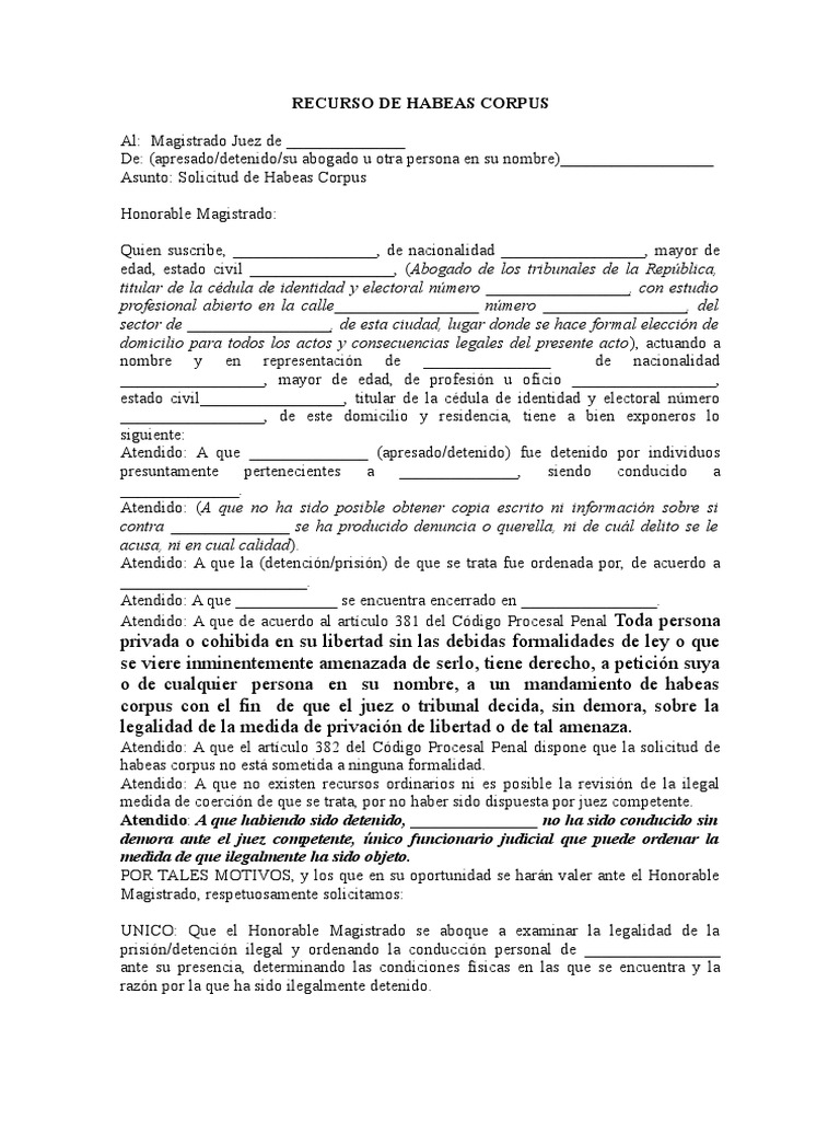 Solicitud de Recurso de Habeas Corpus | PDF | Habeas corpus | Derecho penal