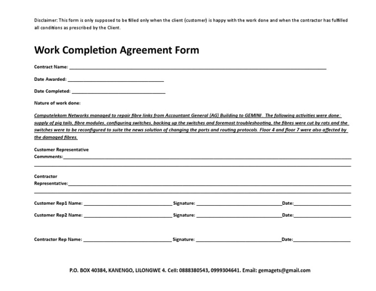 Work Completion Agreement for Fiber Repair | PDF