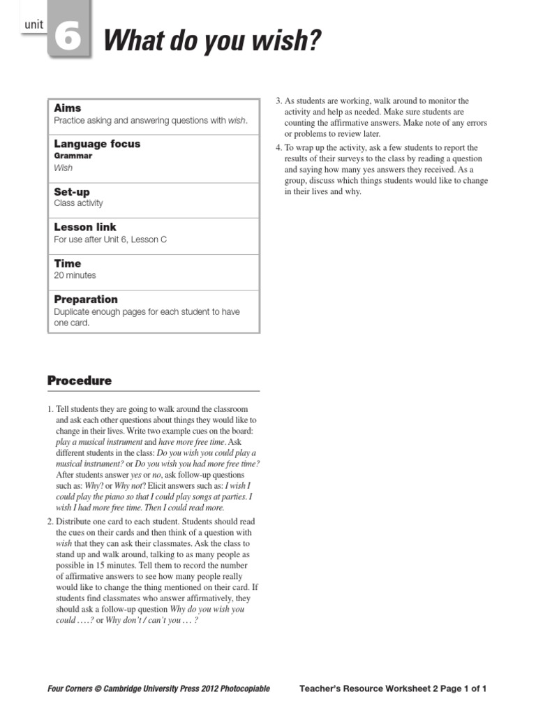 Four Corners Level4 Unit6 Asking and Answering Questions With Wish