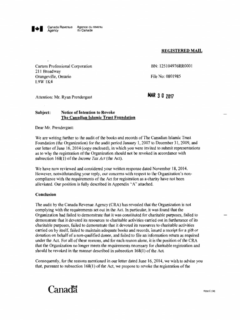 CRA Letter of Intention To Revoke Charitable Status of The Canadian