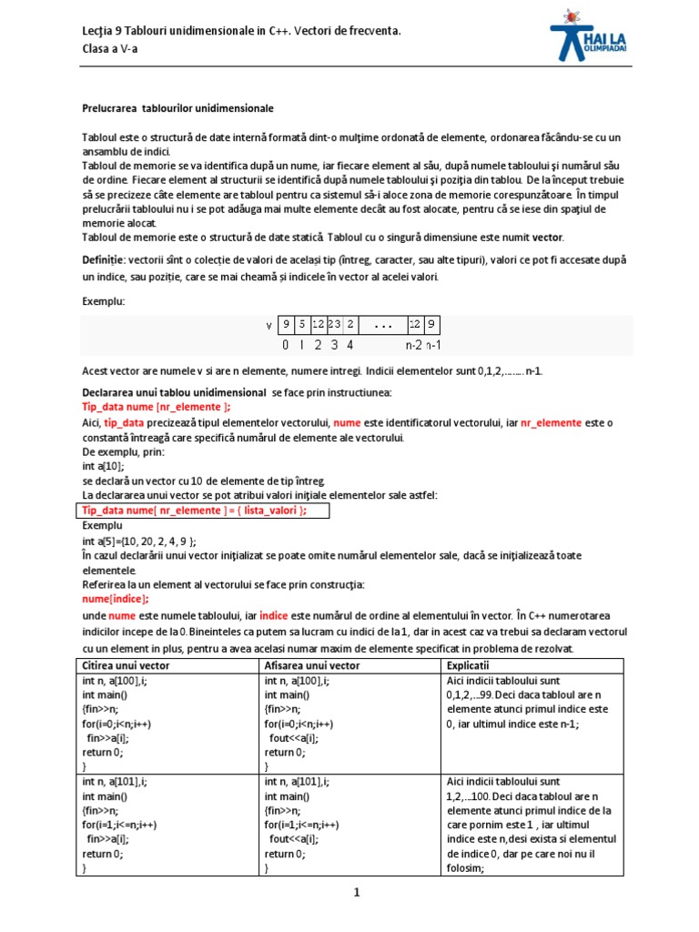 Lecţia 9 - Tablouri Unidimensionale in C++. Vectori de Frecventa. | PDF