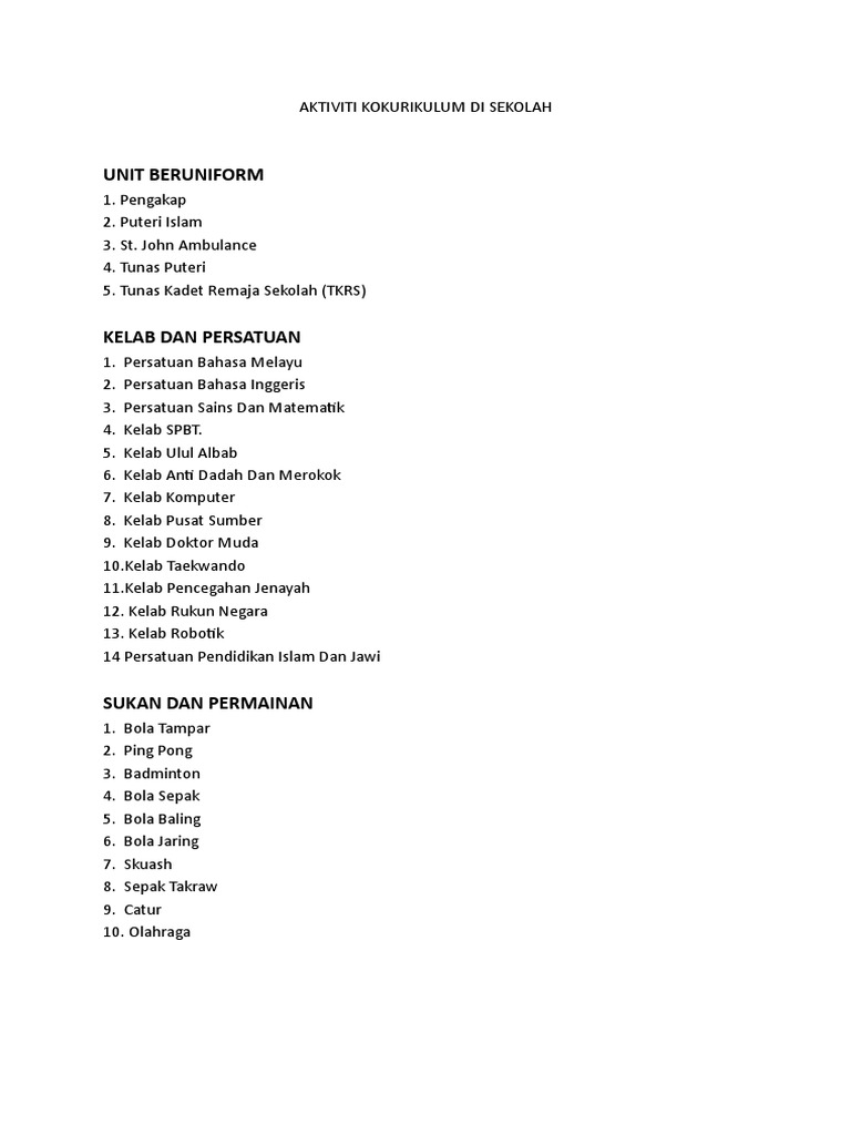 Aktiviti Kokurikulum Di Sekolah Pdf