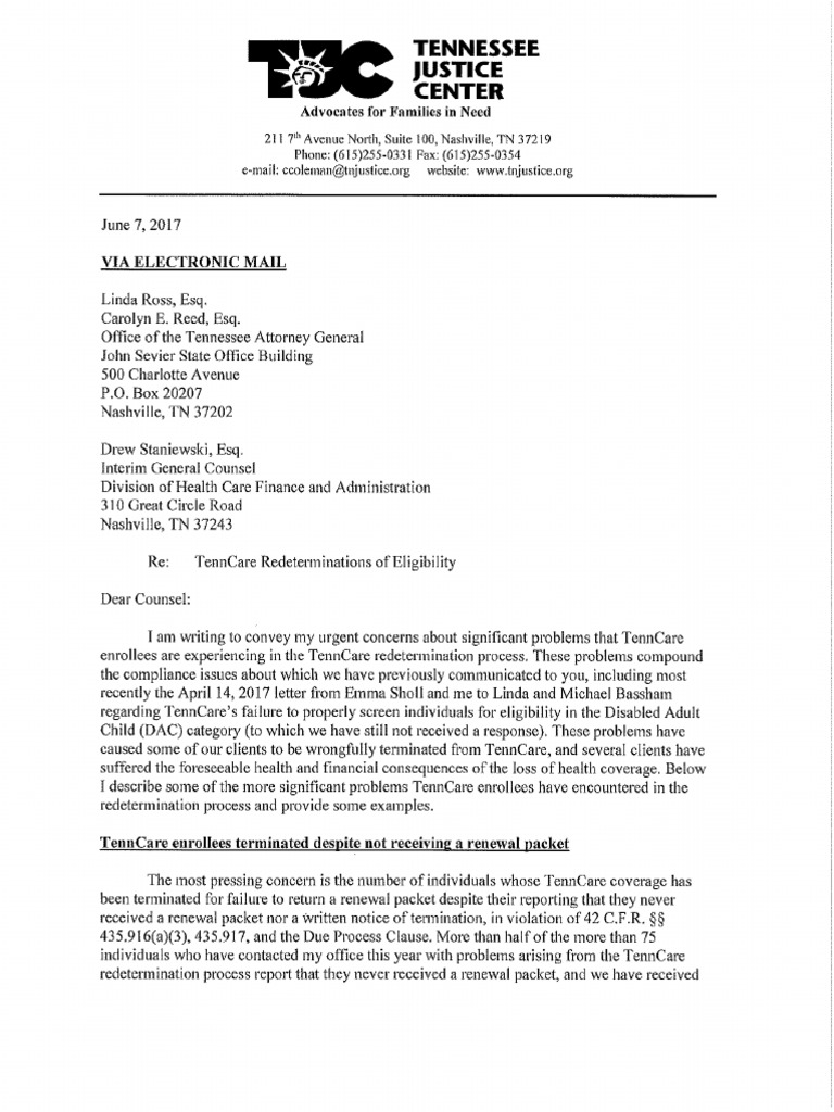 Letter From Tennessee Justice Center To State Re Redeterminations ...