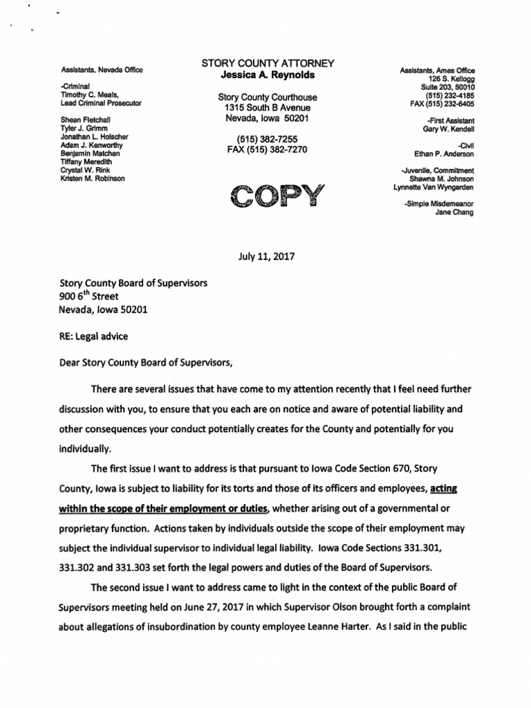 Story County Board of Supervisors legal memo