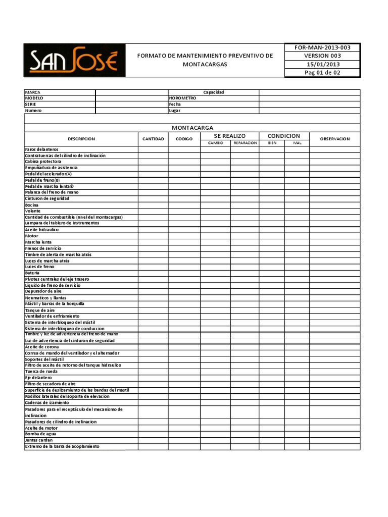 Formato De Mantenimiento Preventivo Pdf Máquina Elevadora Eje