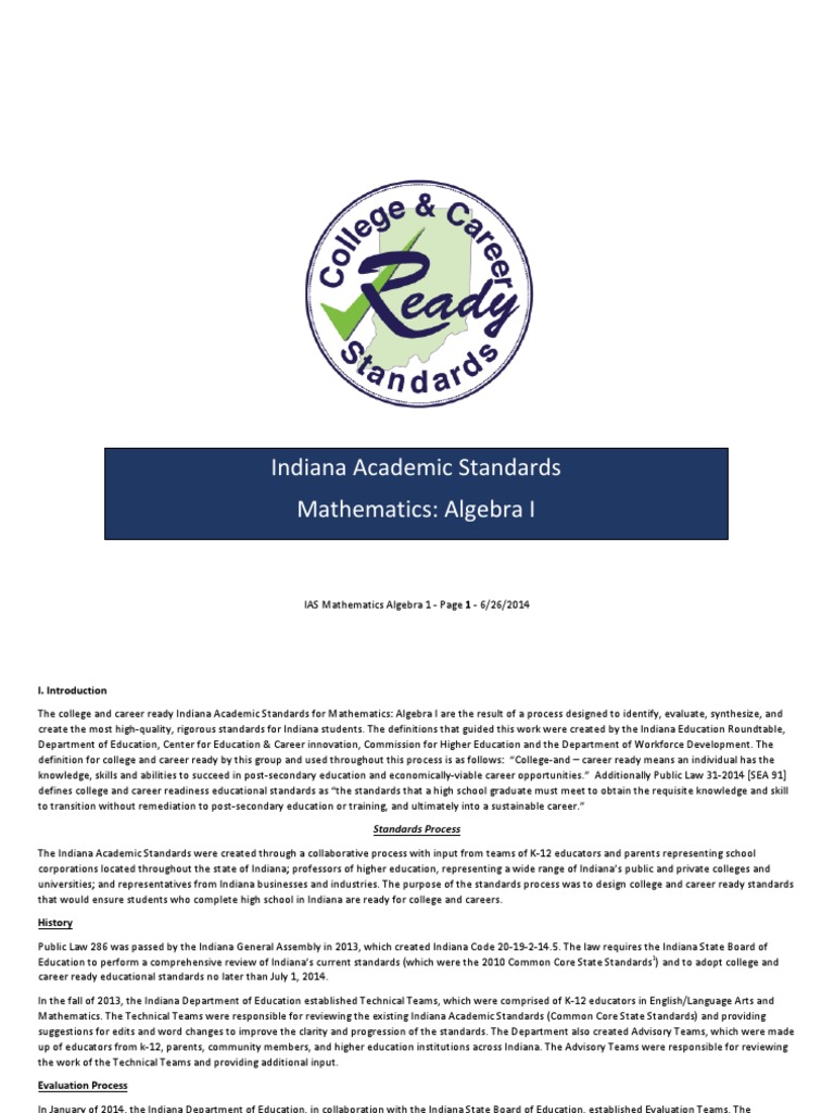 Indiana Academic Standards Mathematics Algebra I Equations Polynomial