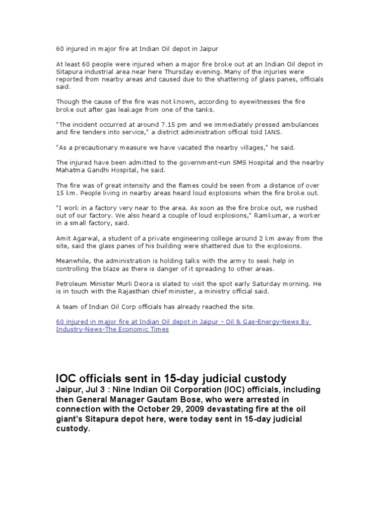 Jaipur Oil Depot Fire Crimes Crime & Justice Free 30day Trial