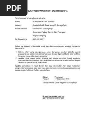 Surat Pernyataan Tidak Dalam Sengketa