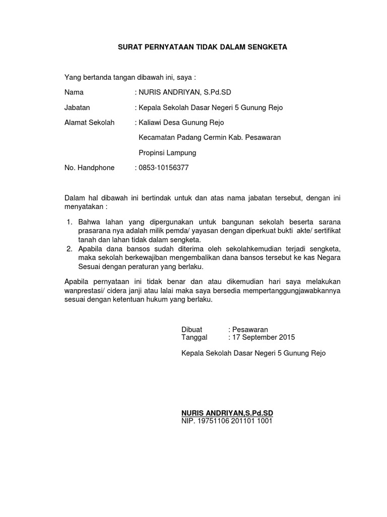 Contoh Surat Pernyataan Tanah Tidak Dalam Sengketa Kumpulan Surat Penting