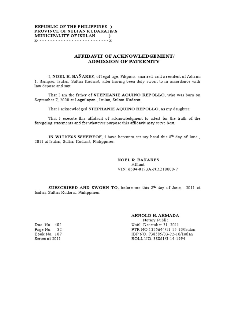 Affidavit of Paternity Acknowledgment | PDF