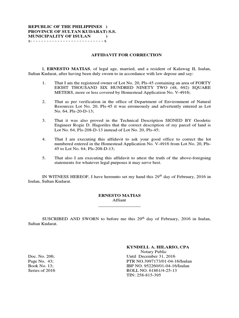 Affidavit for Land Title Correction | PDF | Affidavit | Legal Procedure