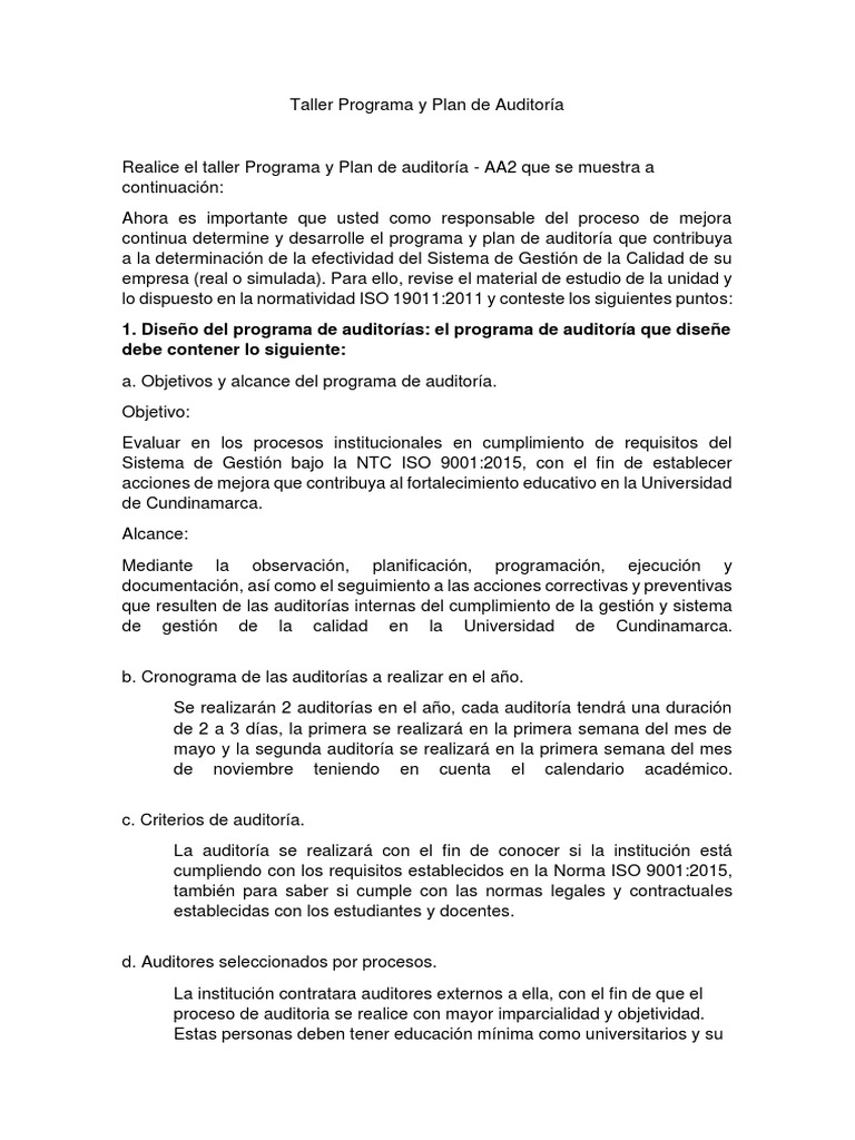 Programa y Plan de Auditoría ISO 9001 | PDF | Calidad (comercial ...