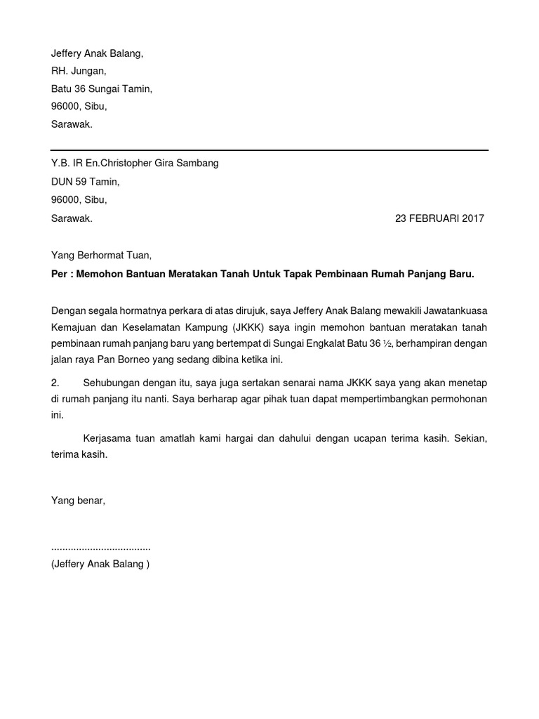 Contoh Surat Mohon Tapak Rumah