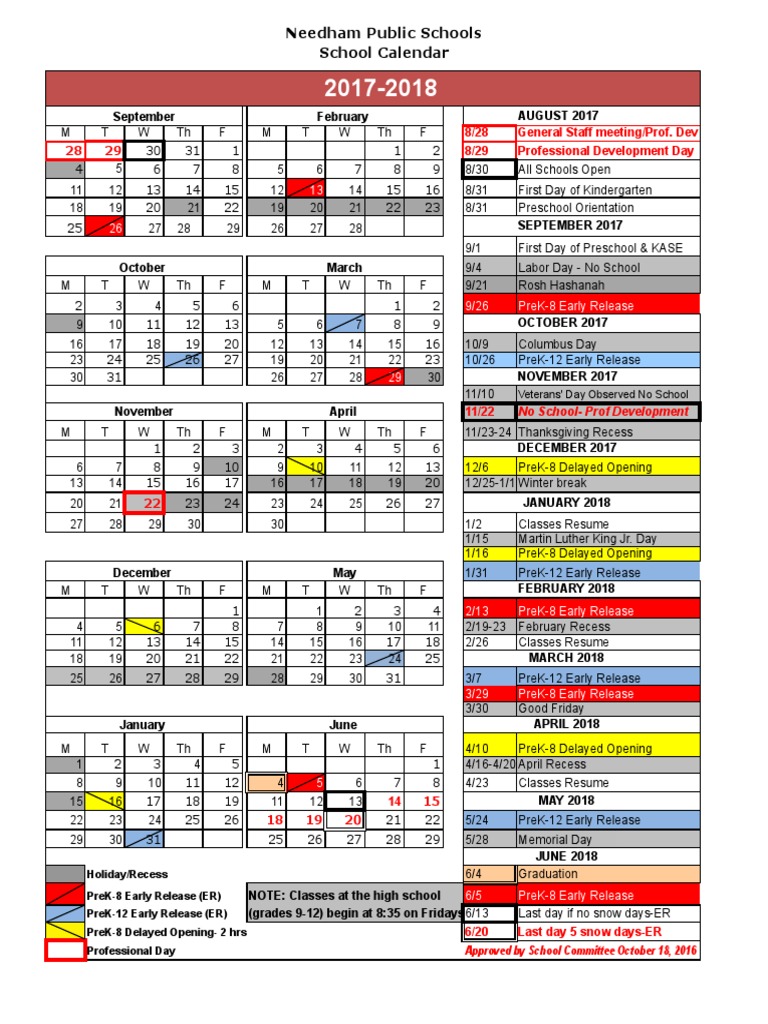Needham School Calendar 2017-88 | Holidays | Observances