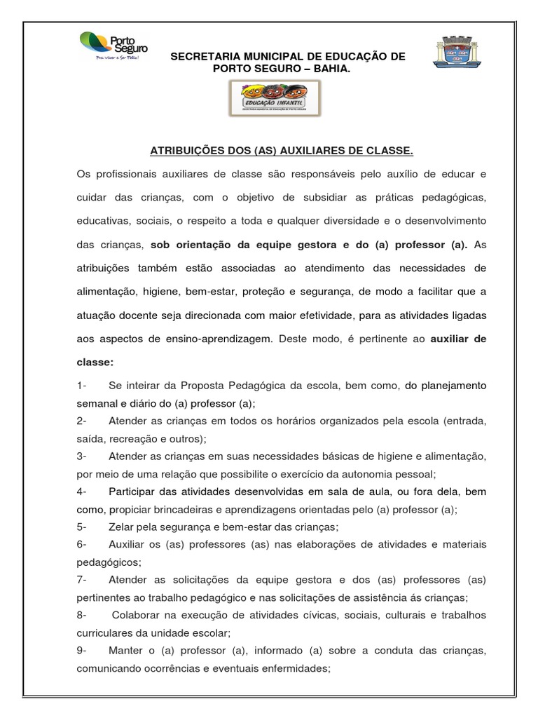 Atribuições do Auxiliar de Classe | PDF | Pedagogia | Deficiência