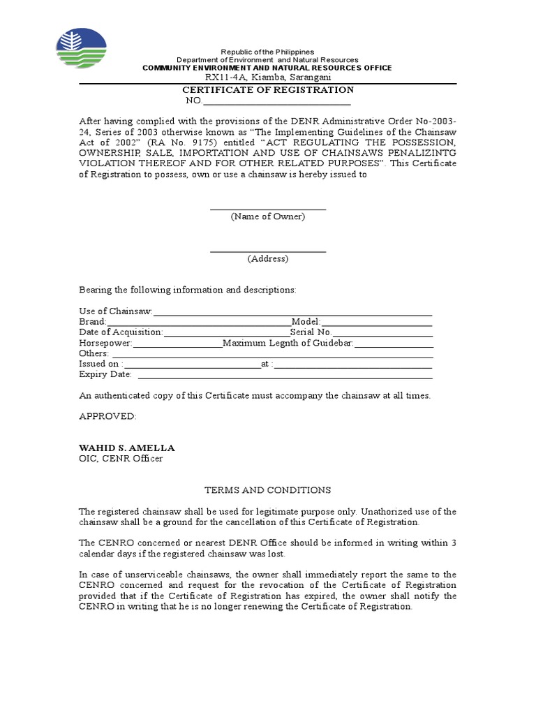 Form Chainsaw Registration PDF Virtue Social Institutions