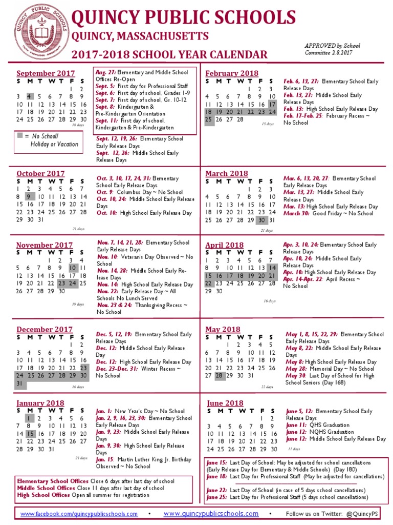 Quincy School Year Calendar 2017 18 PDF Holidays Observances