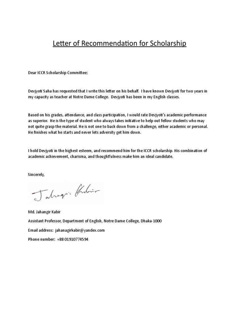 Letter of Recommendation For Scholarship  PDF  Learning