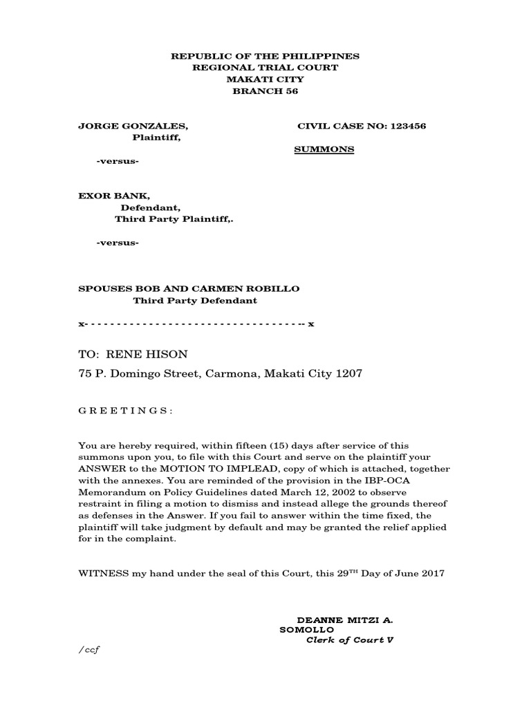 Summons Sample | PDF | Lawsuit | Courts