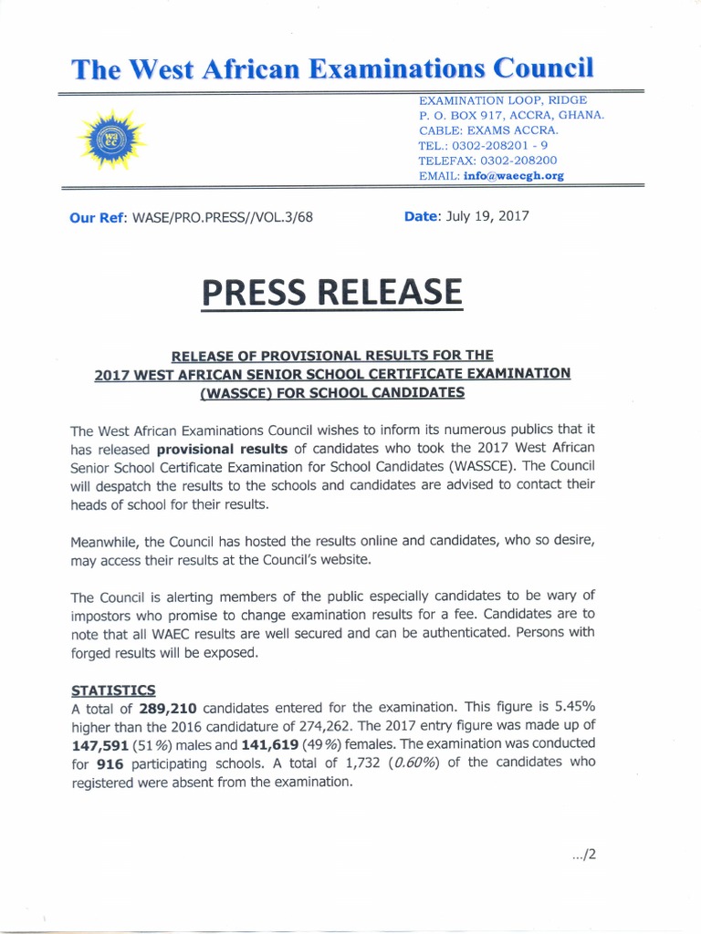Release of 2017 Wassce Results-1 | PDF