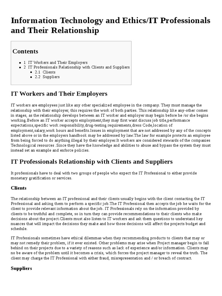 Information Technology And Ethics It Professionals And Their
