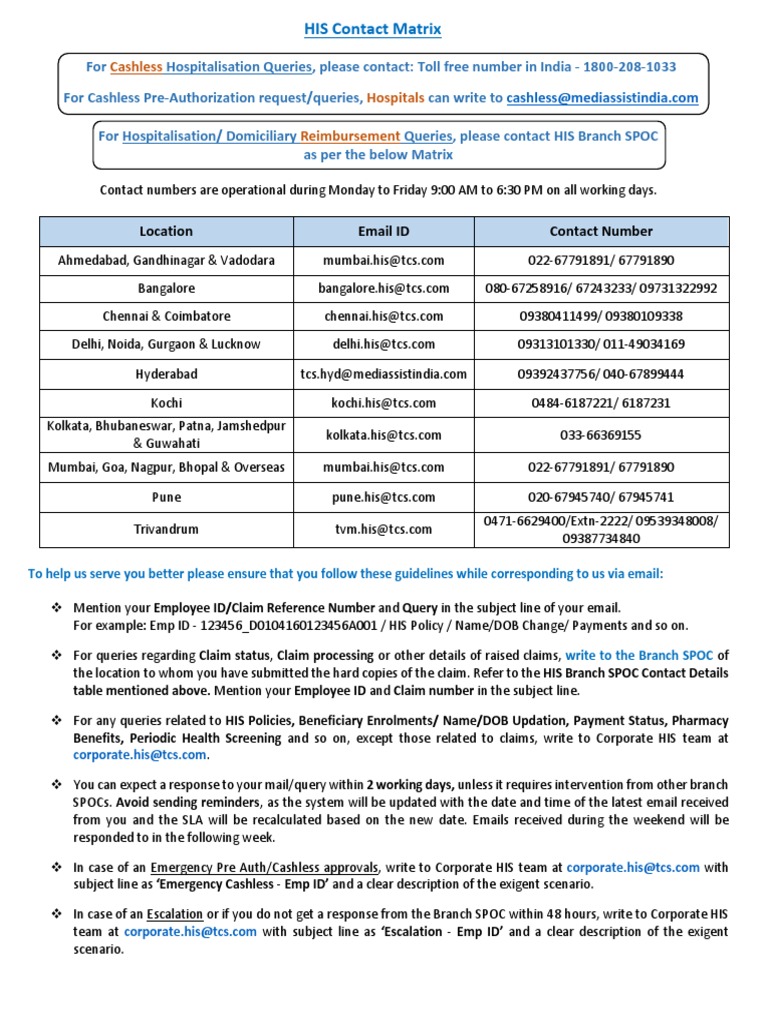 tcs-health-insurance-contact-matrix-address-for-claim-submission