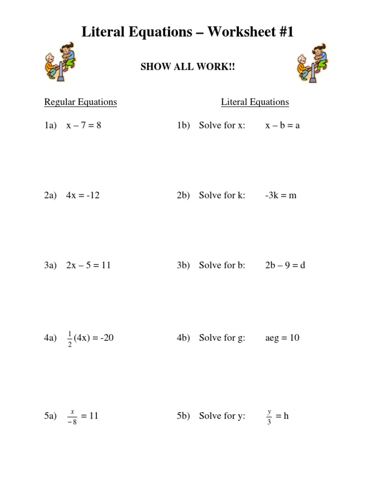 Literal Equations Ws  Area  Elementary Mathematics With Regard To Literal Equations Worksheet Answer Key
