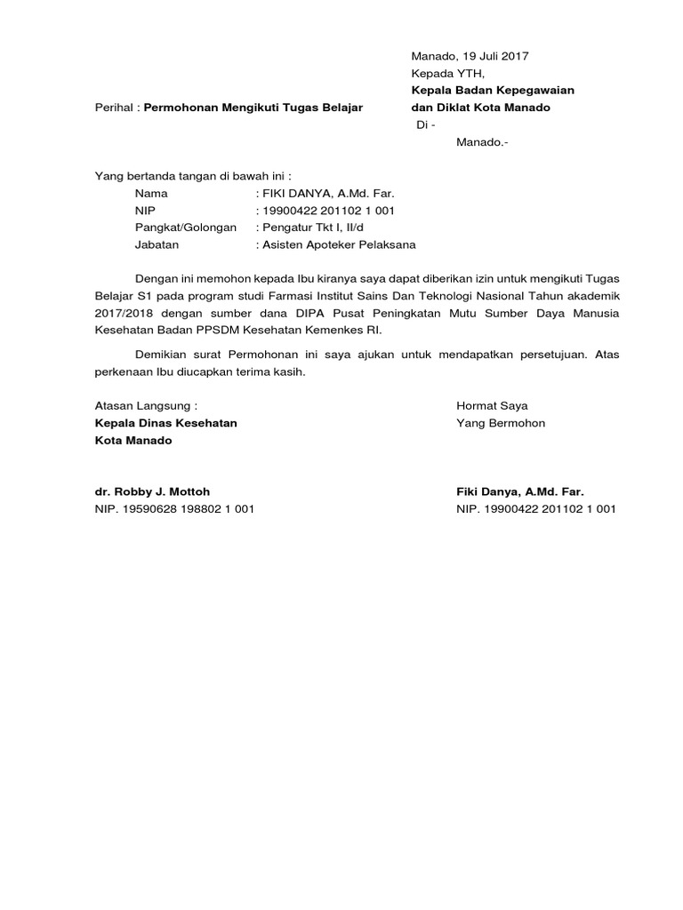 Surat Permohonan Tugas Belajar Suratmenuhargacom