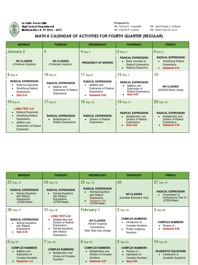 4th Quarter - Calendar of Activities.docx | Quadratic Equation