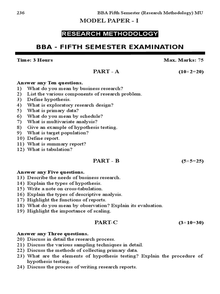 research methodology bba 5th sem question paper