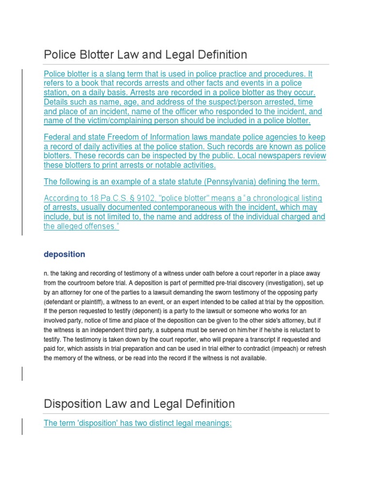 Police Blotter Law and Legal Definition PDF Deposition (Law) Lawsuit