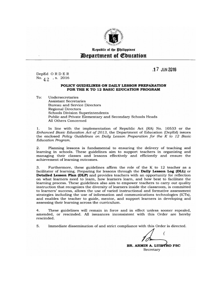 Enclosure to DepEd Order No 42 S 2016 Teachers Curriculum Free 30