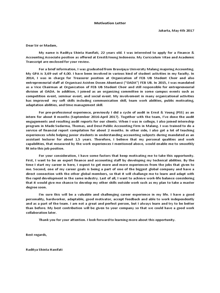 Motivation Letter Example Pdf Internship Job Hunting