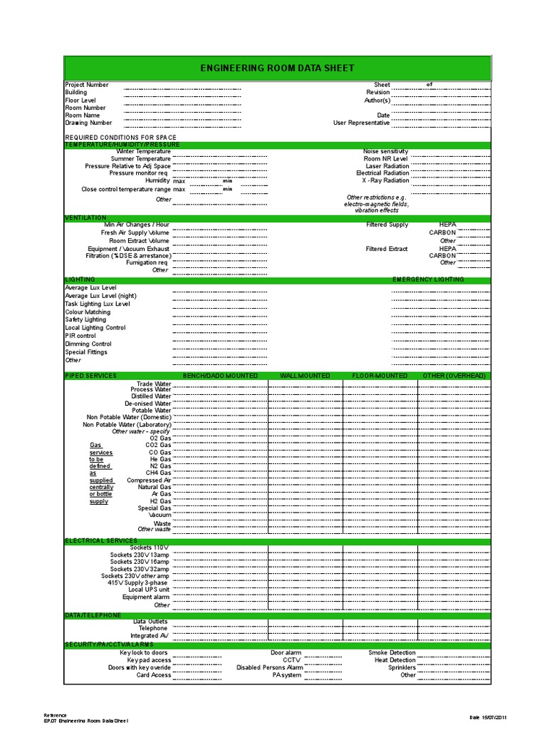 Engineering Room Data Sheet | Gases | Water