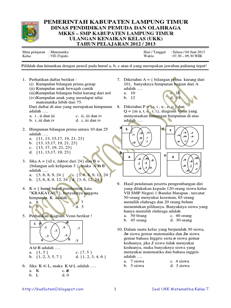 225199834 Soal Dan Pembahasan Ukk Matematika Smp Kelas 7 Tahun 2013 Pdf